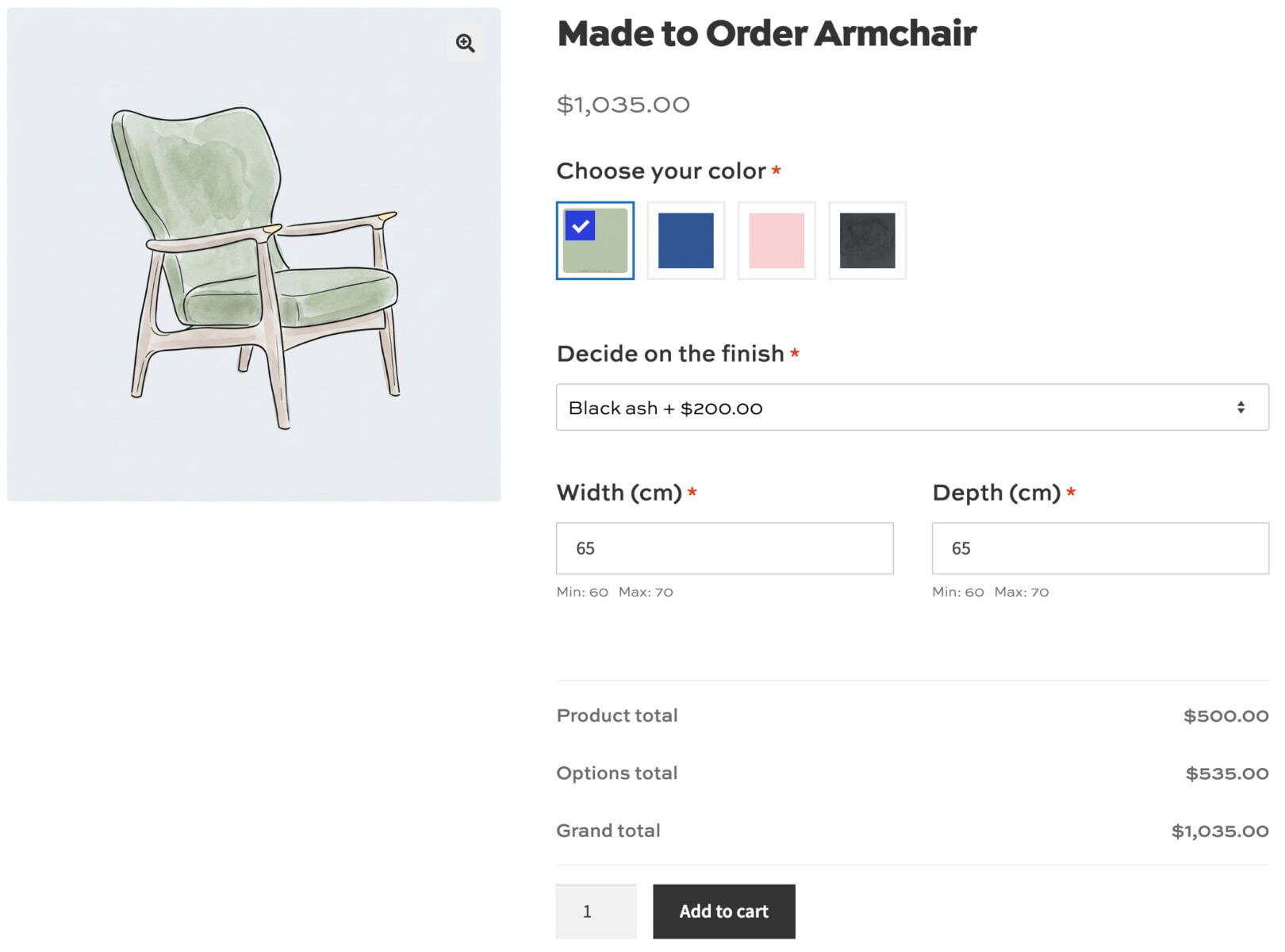 WooCommerce made to order furniture example product page