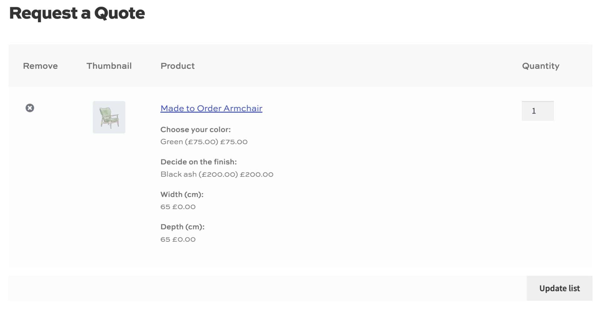 Made to order armchair in WooCommerce quote form