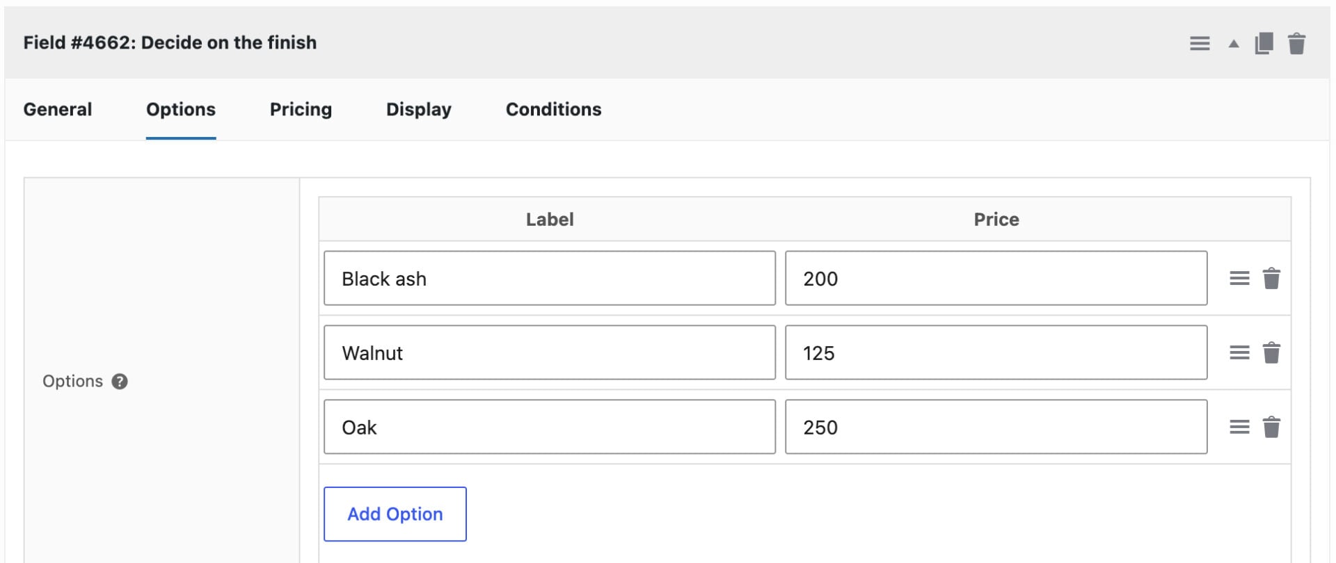 Settings for select field to choose wood type for custom furniture
