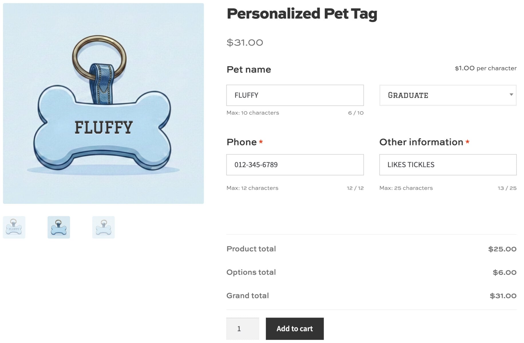 WooCommerce product page for personalized dog tag with live text preview