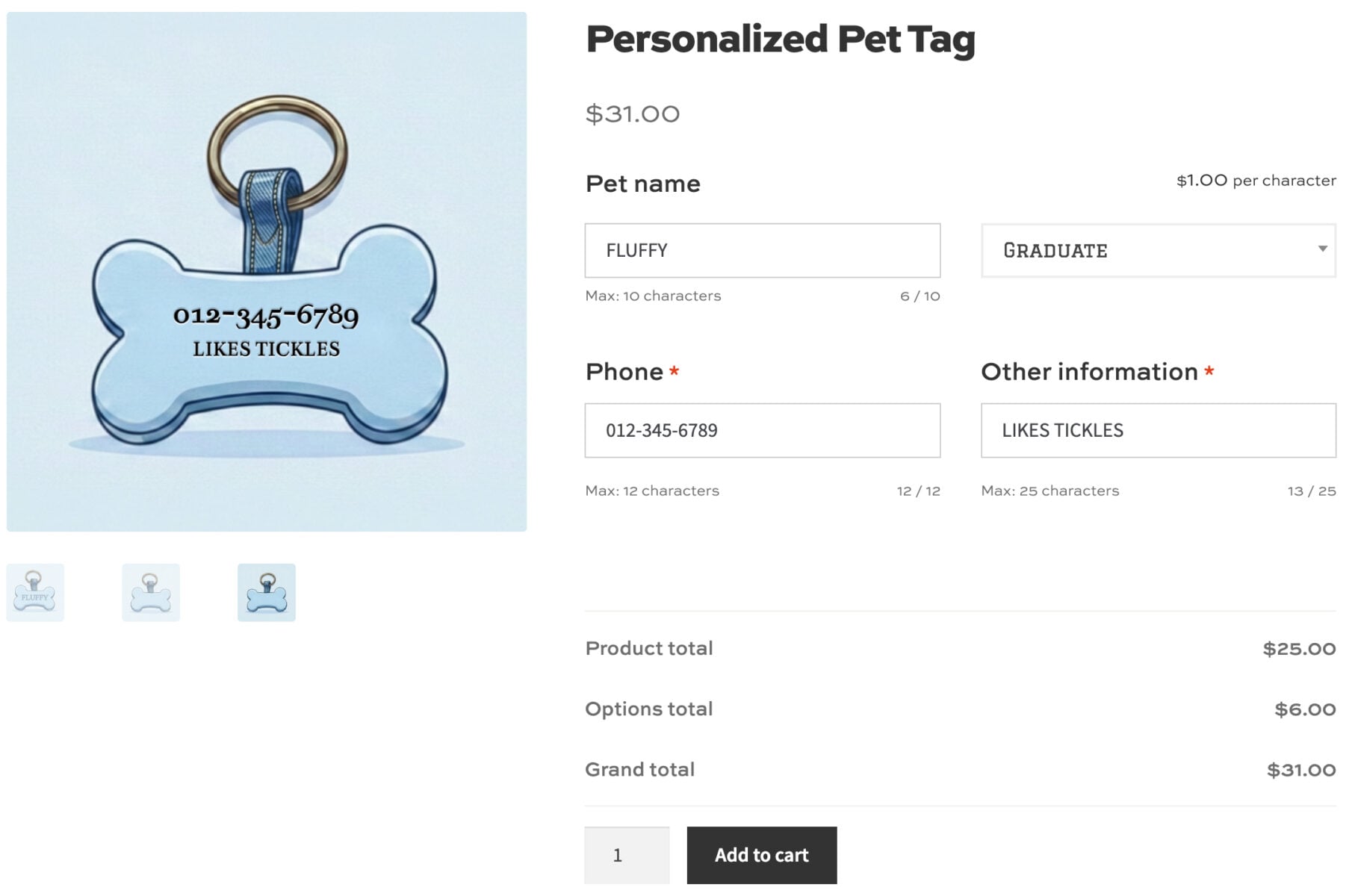 WooCommerce product page for personalized pet accessory with custom engraving