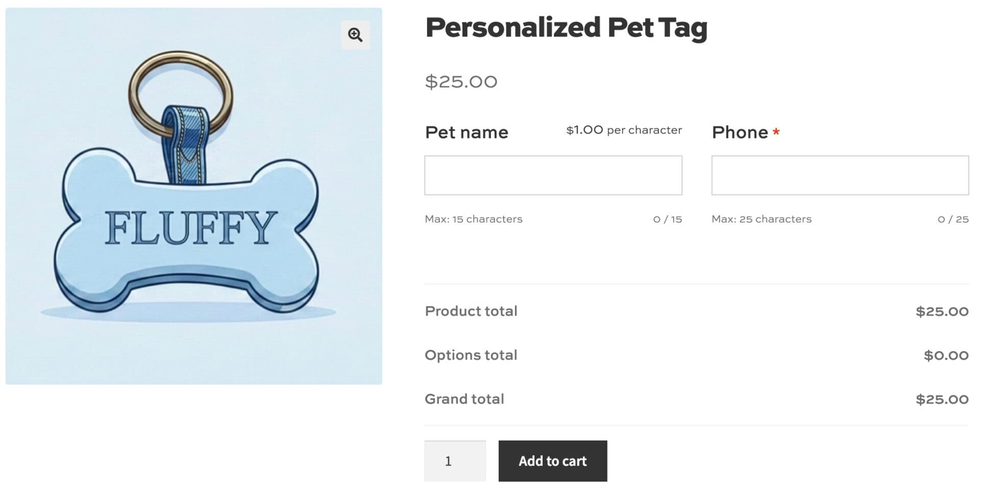 WooCommerce product page for personalized pet tag with engraving