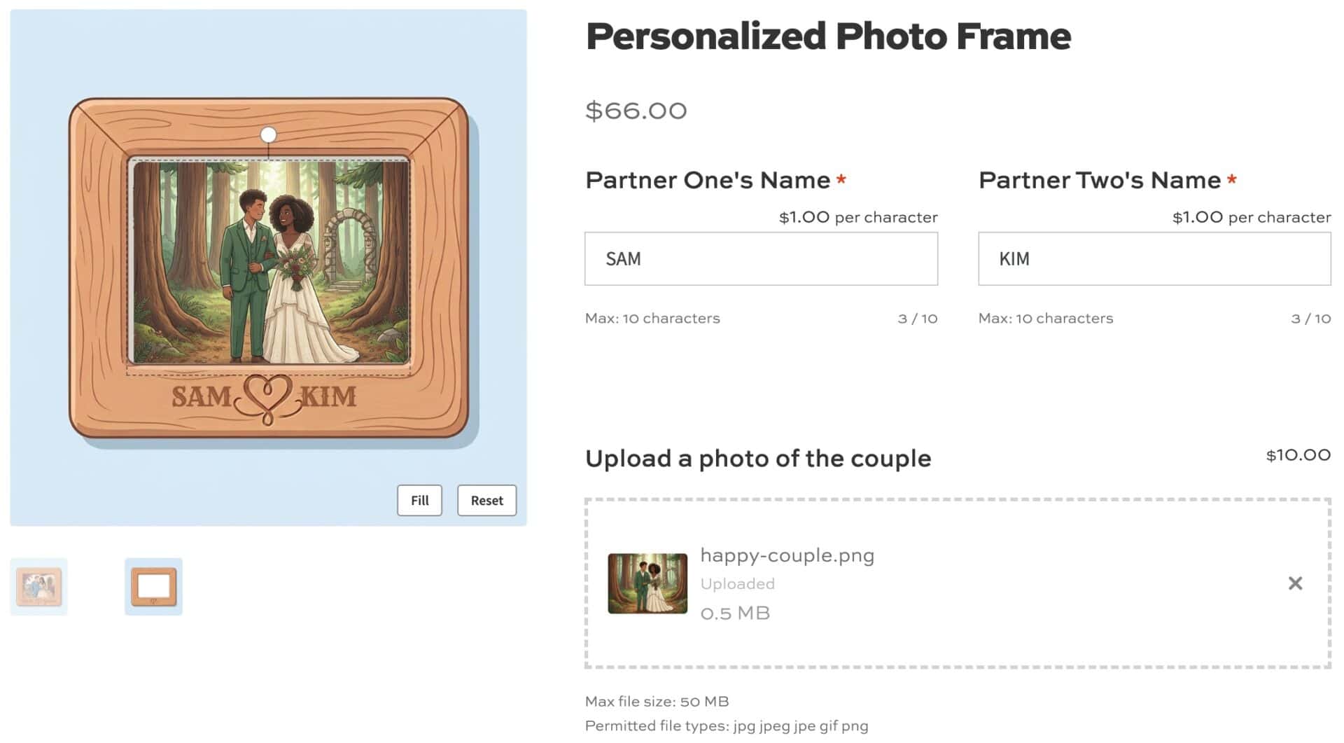 WooCommerce personalized wedding gift product page with live preview