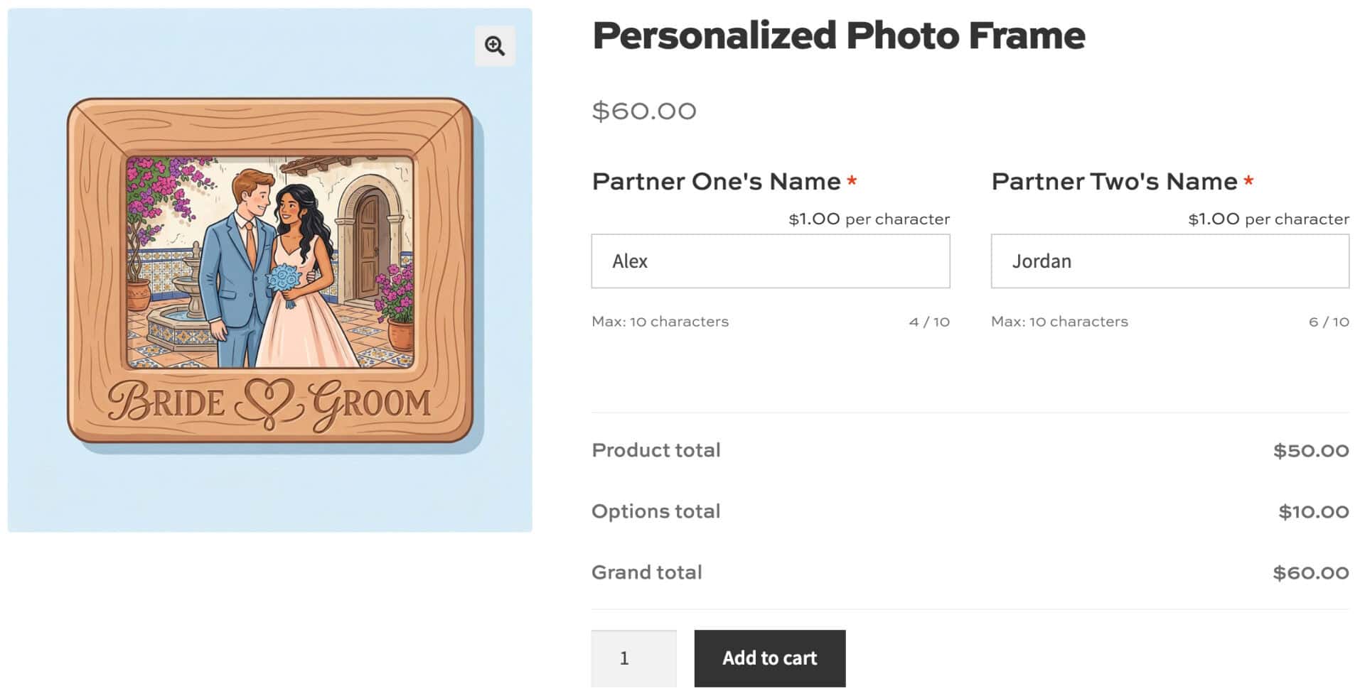 WooCommerce product page for personalized photo frame