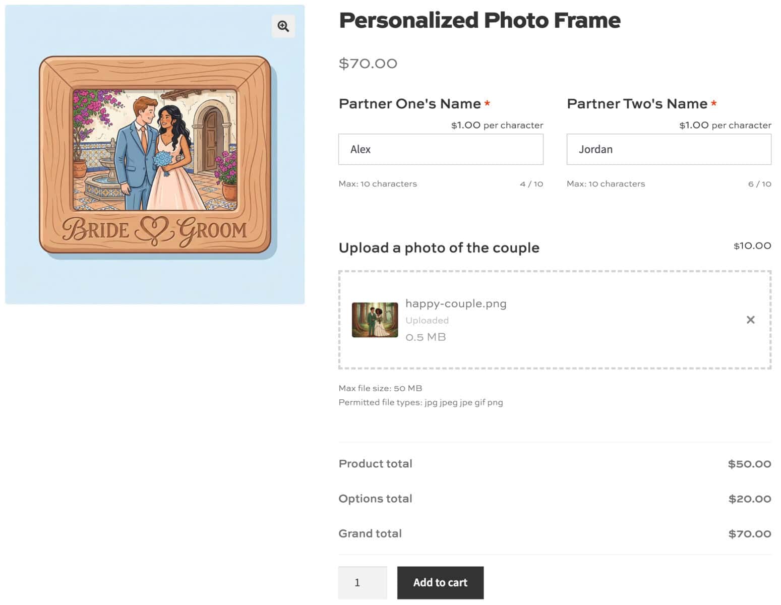 WooCommerce personalized wedding gift product page