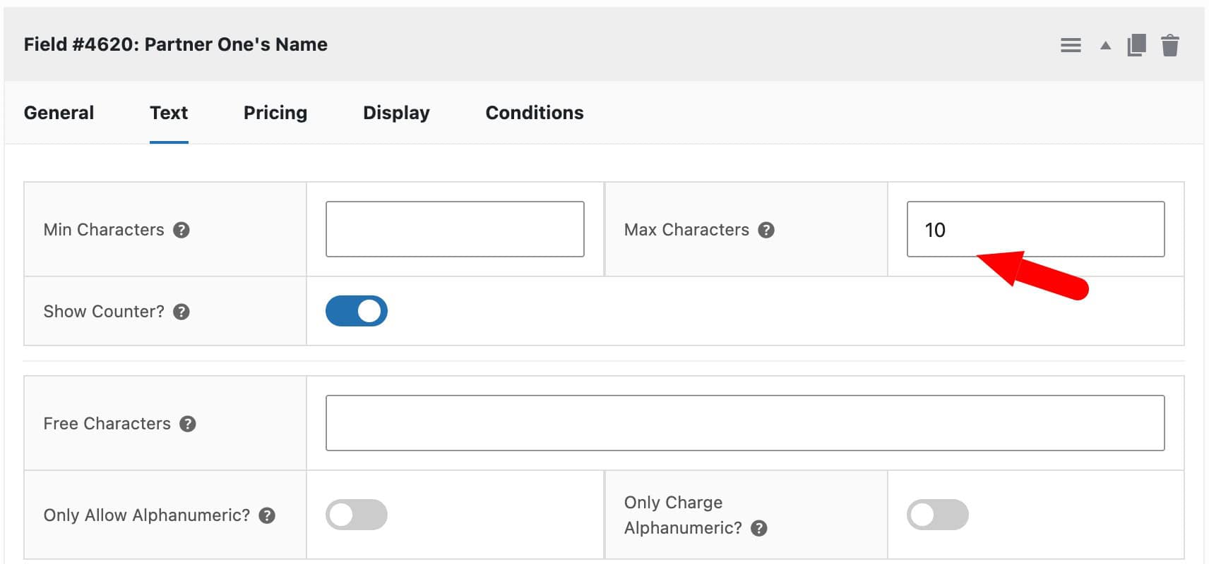 Define parameters for text field for personalized wedding gifts