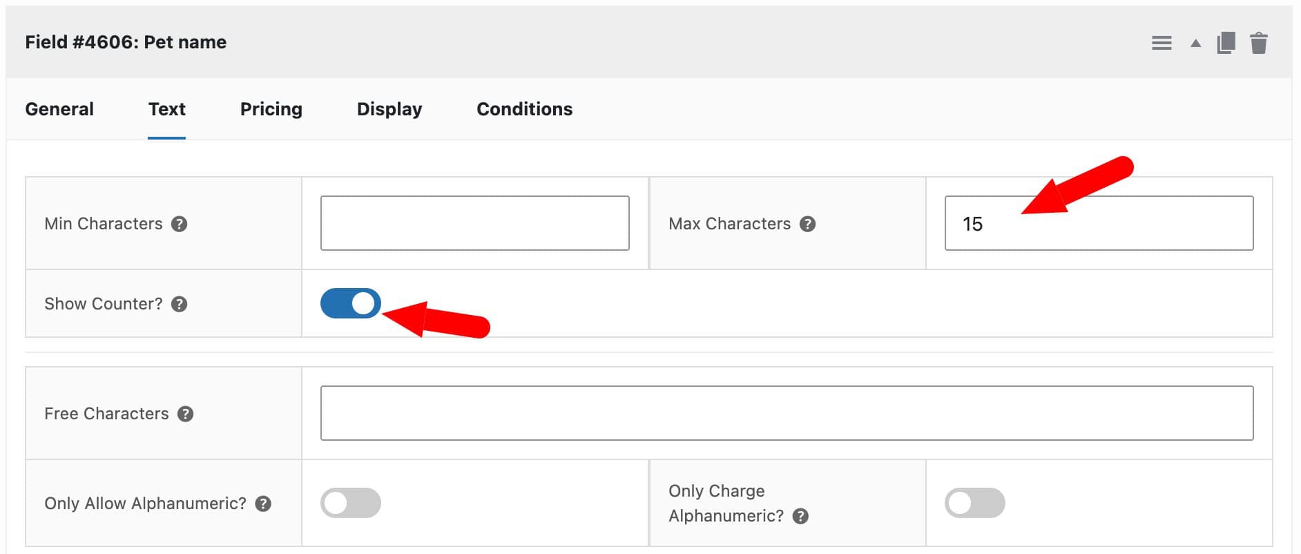 Define custom parameters for the text field
