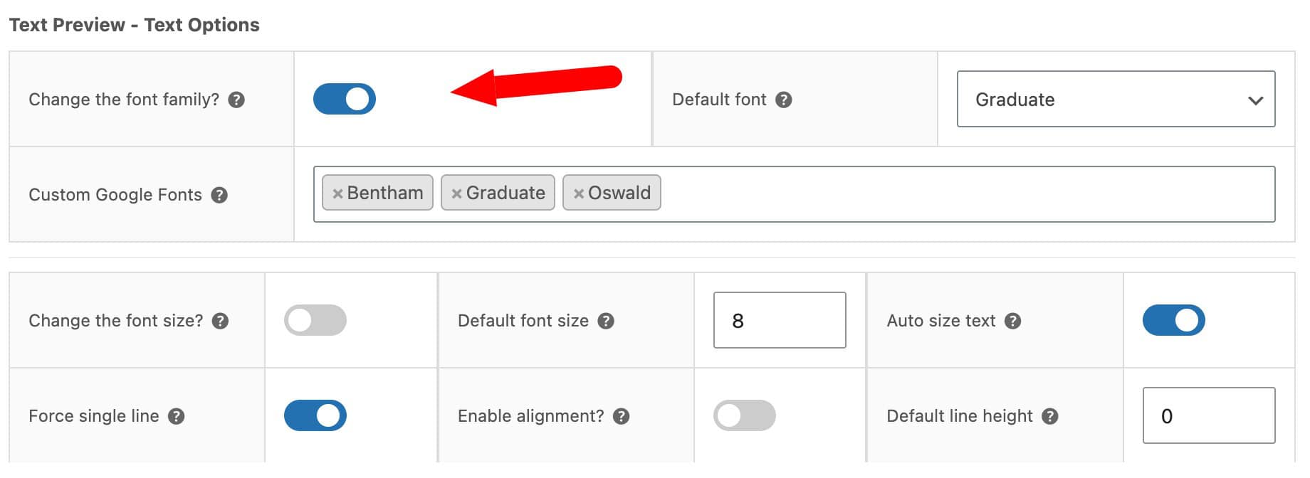 Font settings for text preview field