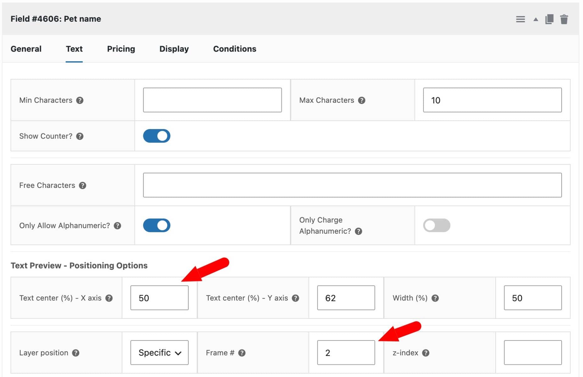 Settings for the text preview field's position