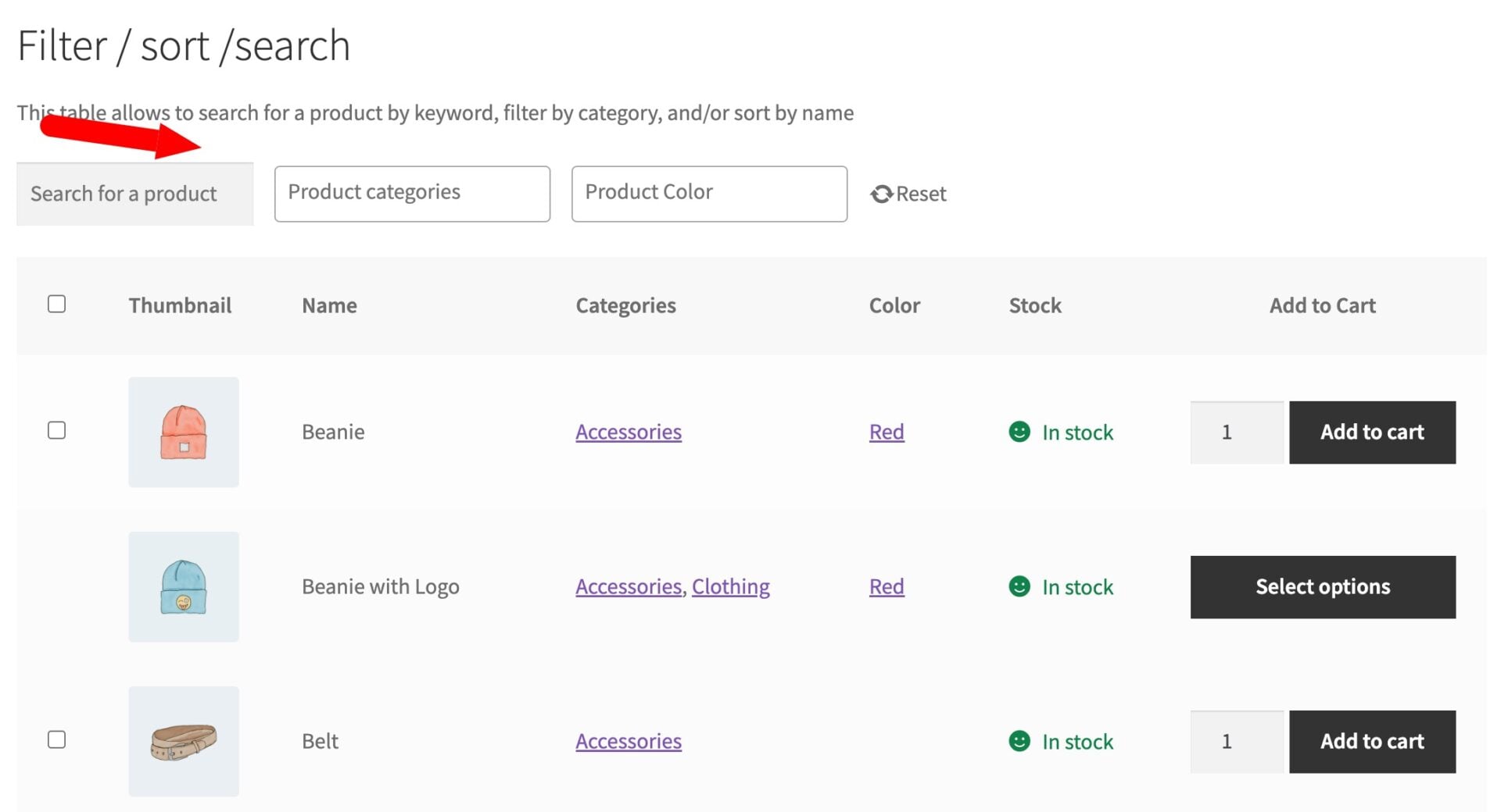 Options for filtering, searching and sorting product tables