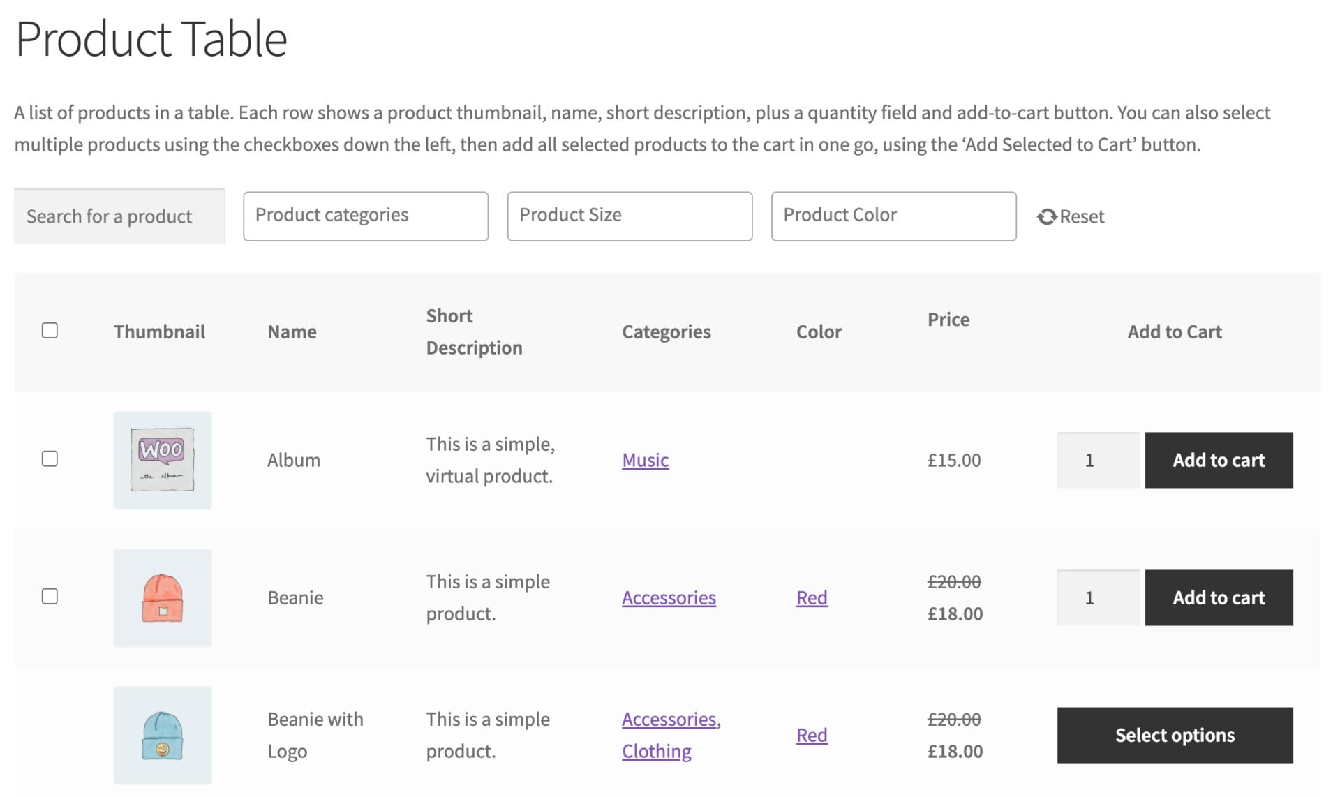 Screenshot of example WooCommerce product table