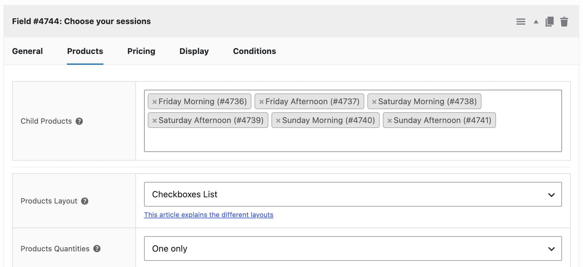 Setting to add bookable session products as child products to the main camp product