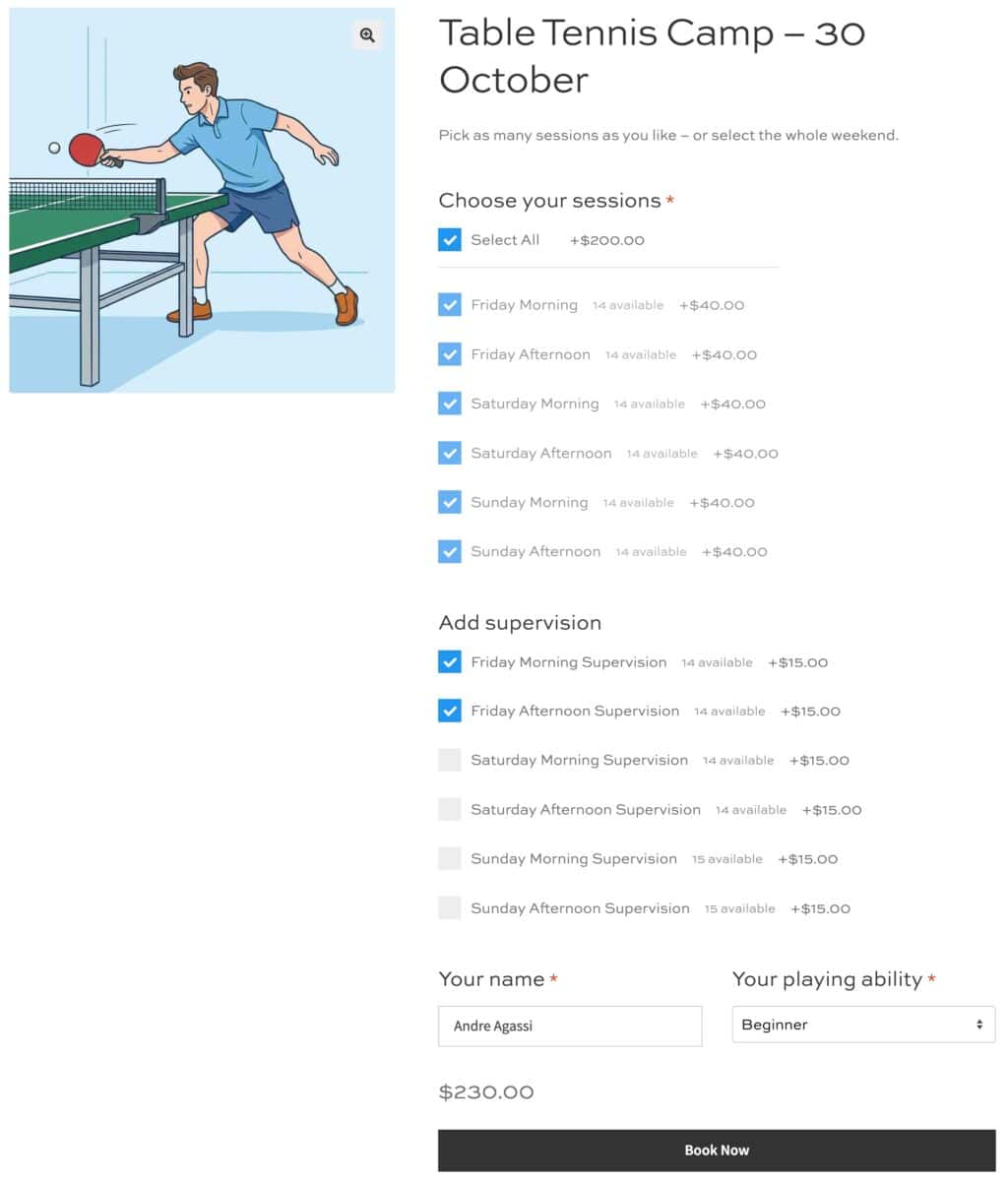 WooCommerce product page for sports camp with multiple bookable sessions