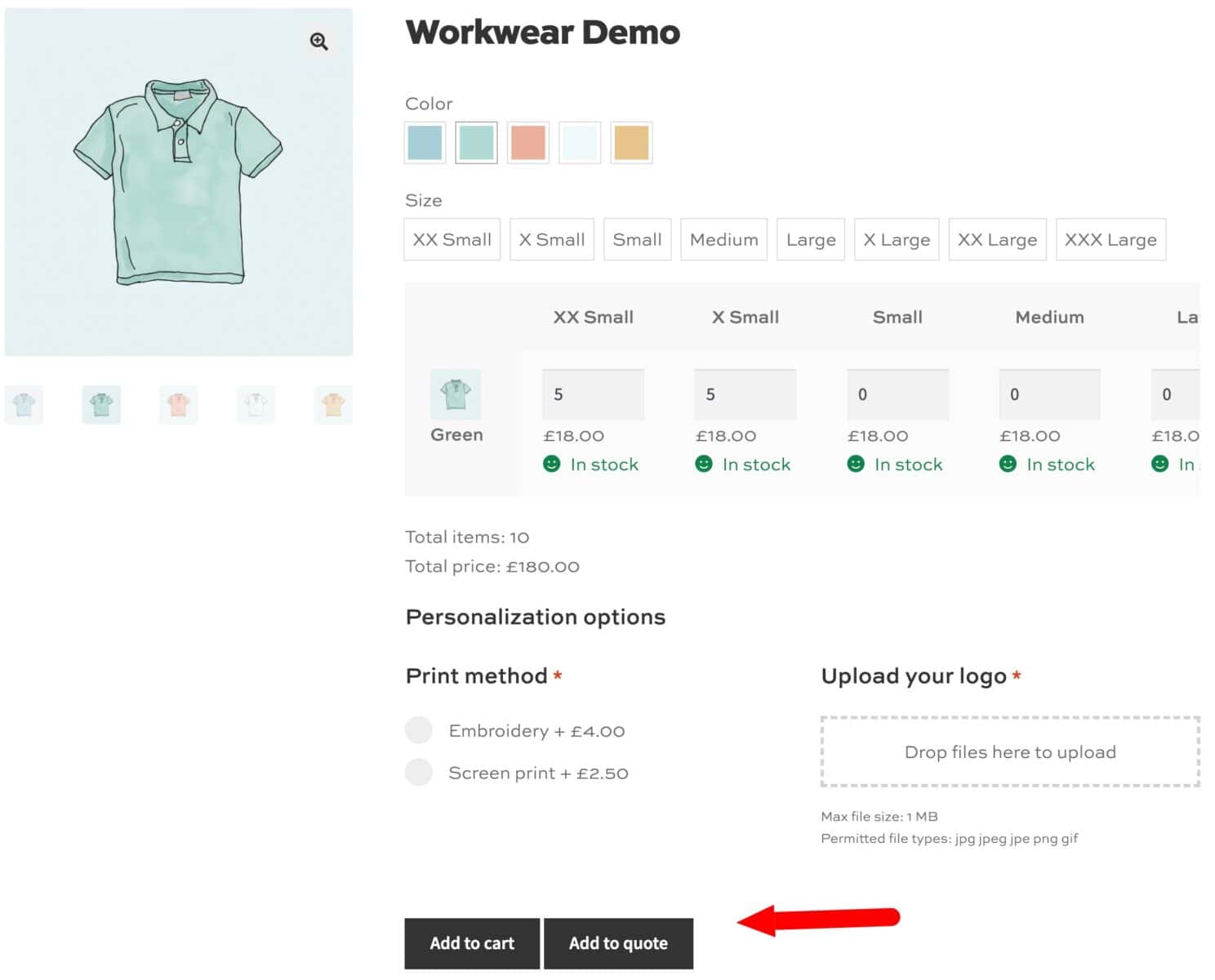 WooCommerce uniform product page with add to quote button