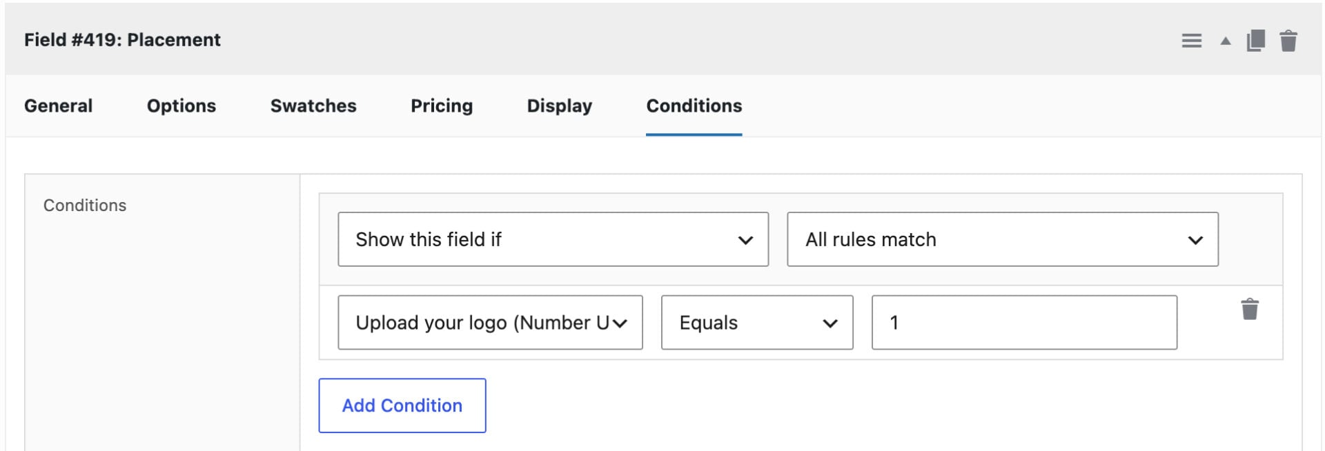 Conditional logic setting for logo placement field
