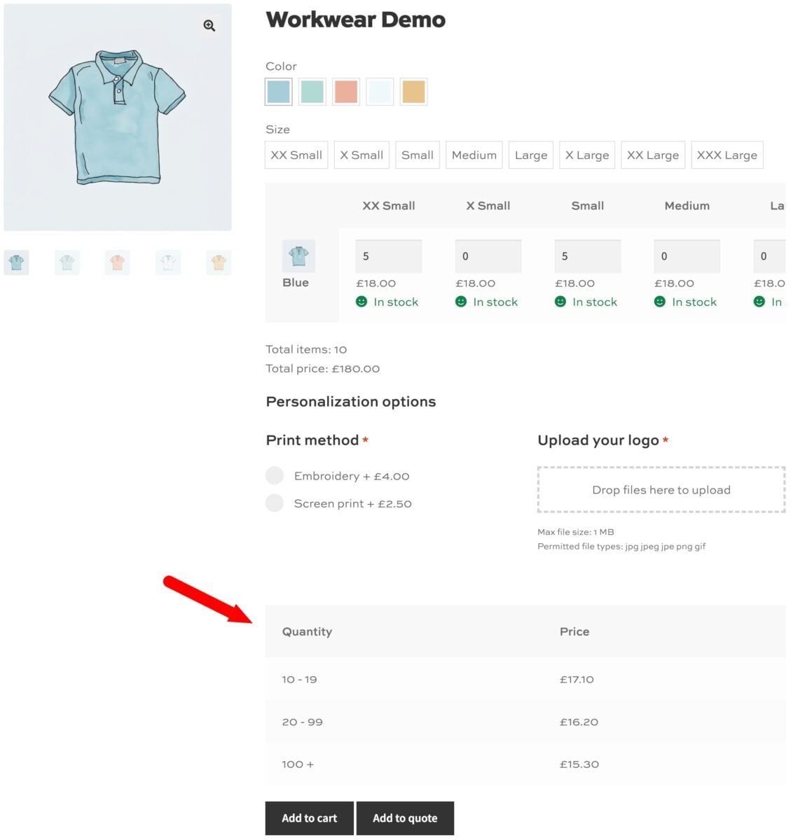 WooCommerce uniform shop product with table showing quantity discount breaks
