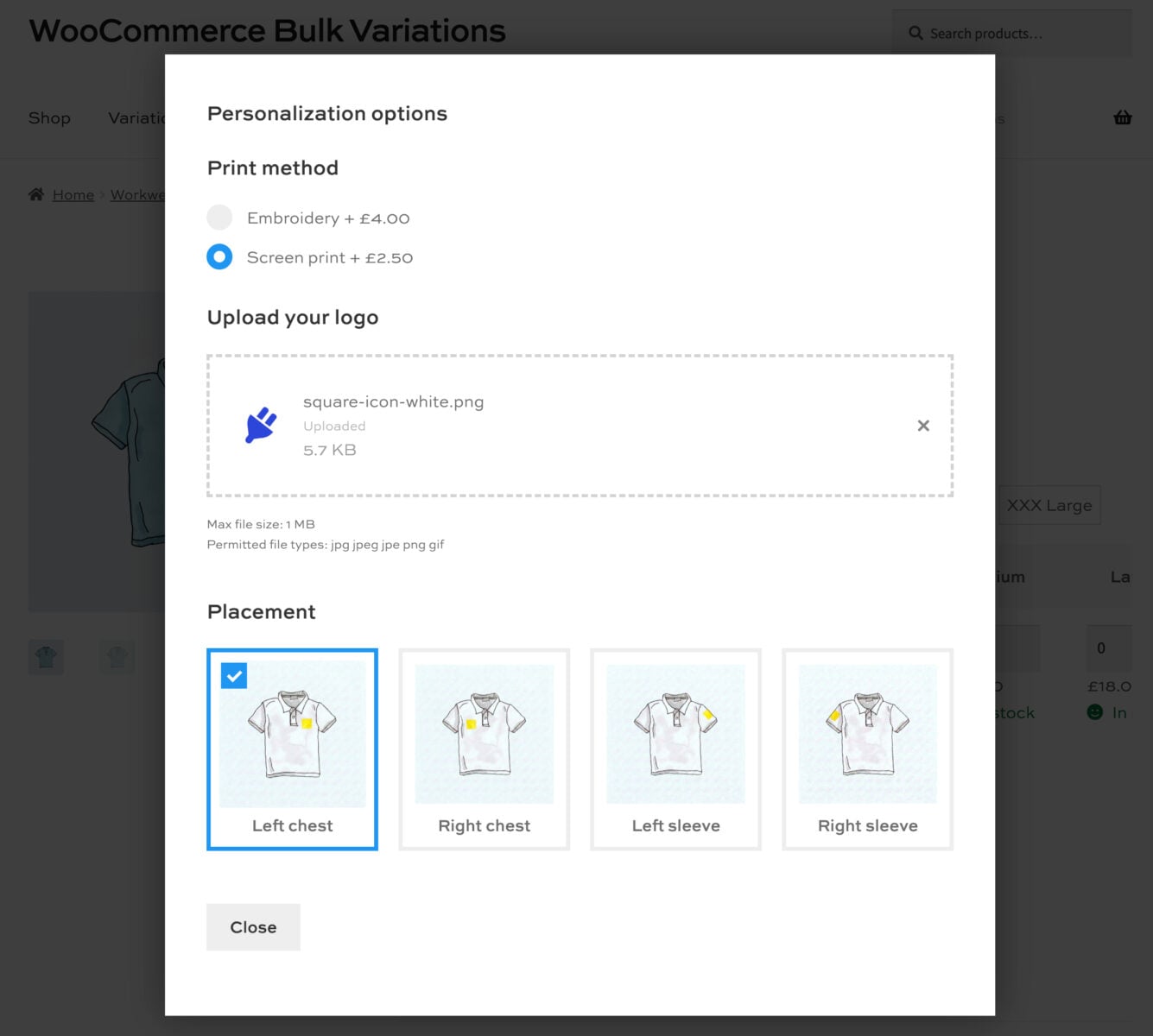WooCommerce product options in a modal window