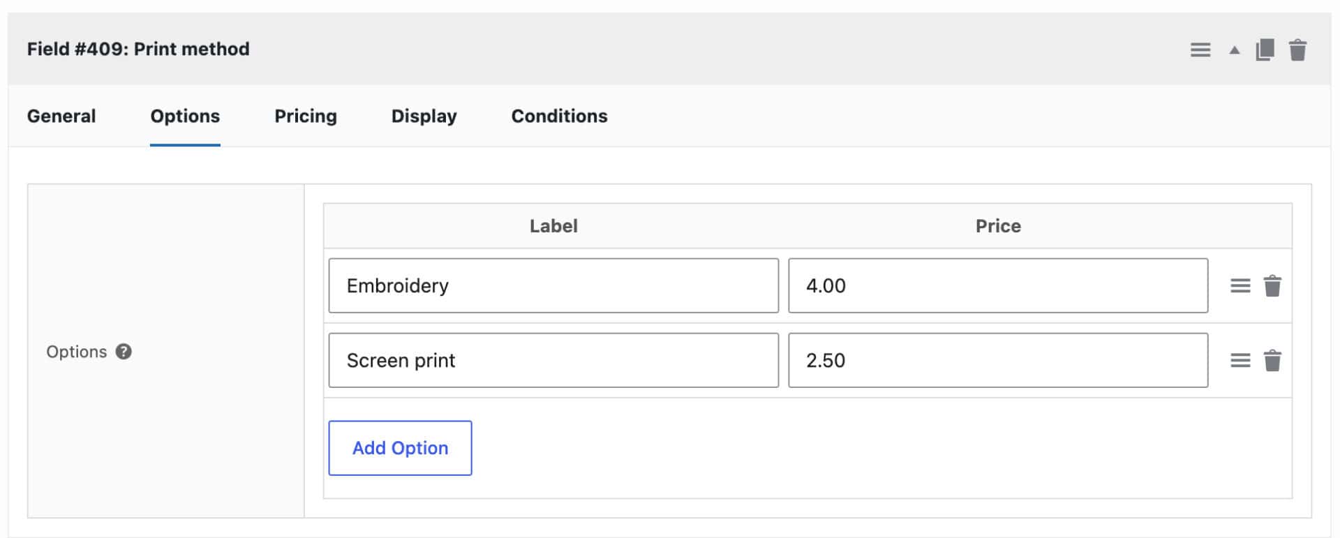 Personalization field setting for print method add-on field