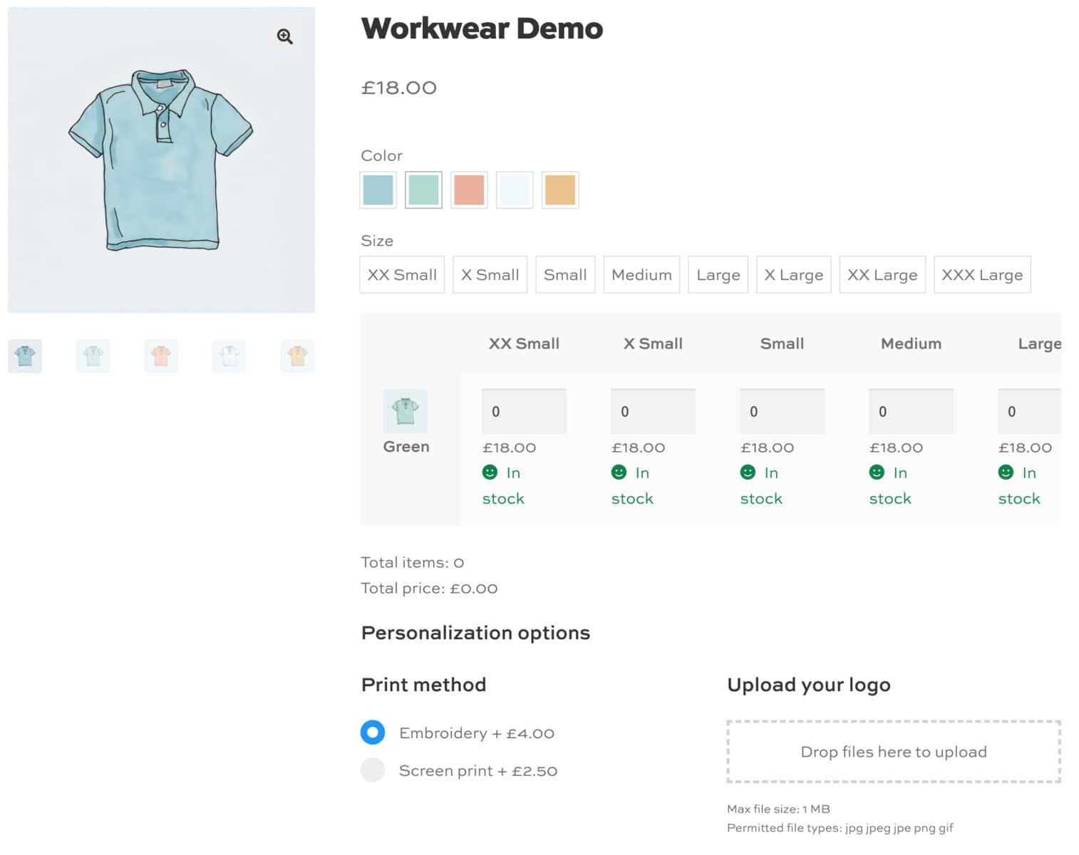 Workwear product page with bulk order form and personalization options