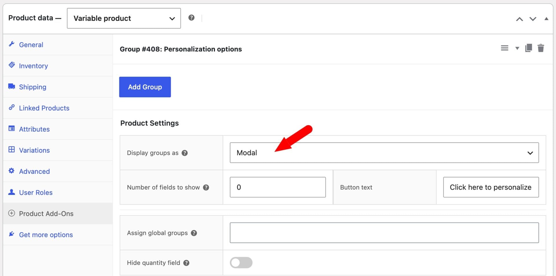 'Personalize' button settings