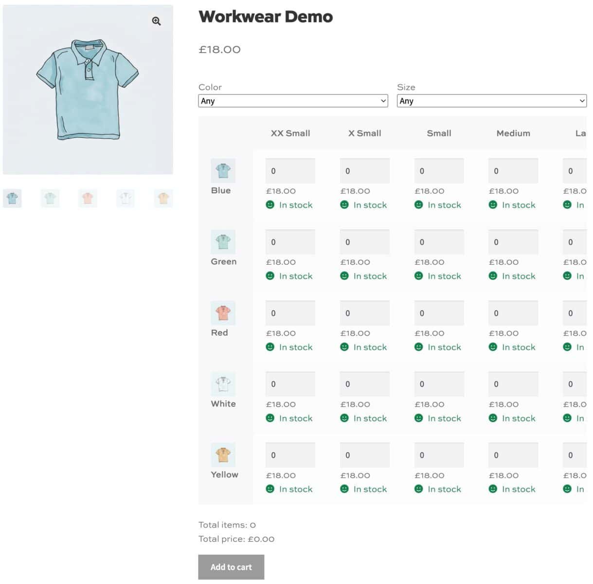 Polo shirt product with variations grid for bulk ordering