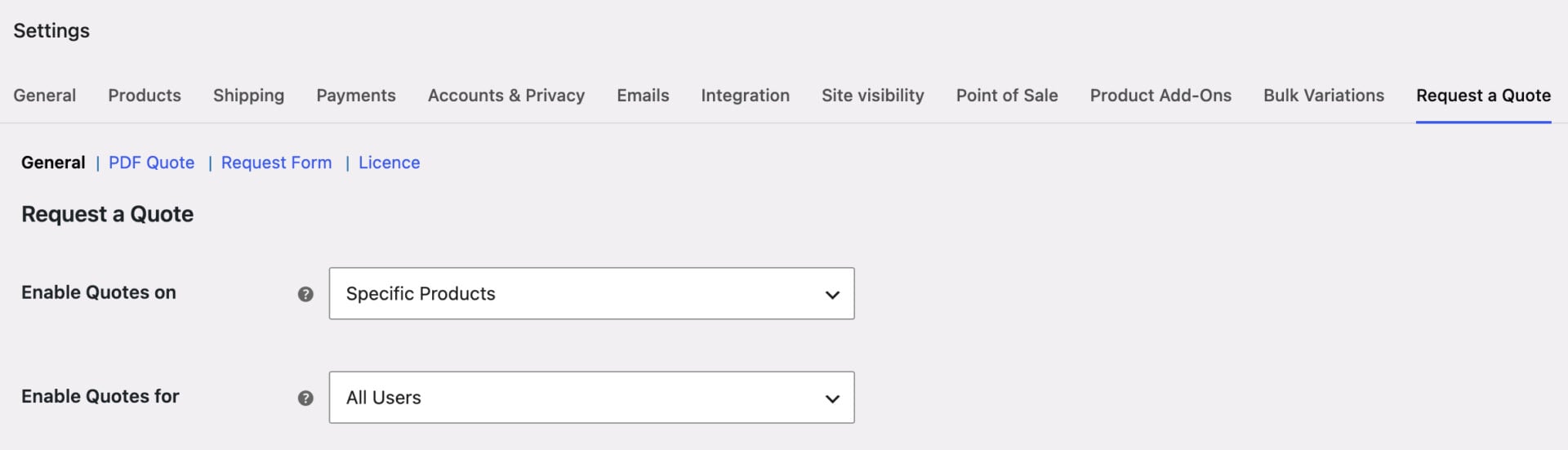 WooCommerce Request a Quote settings page