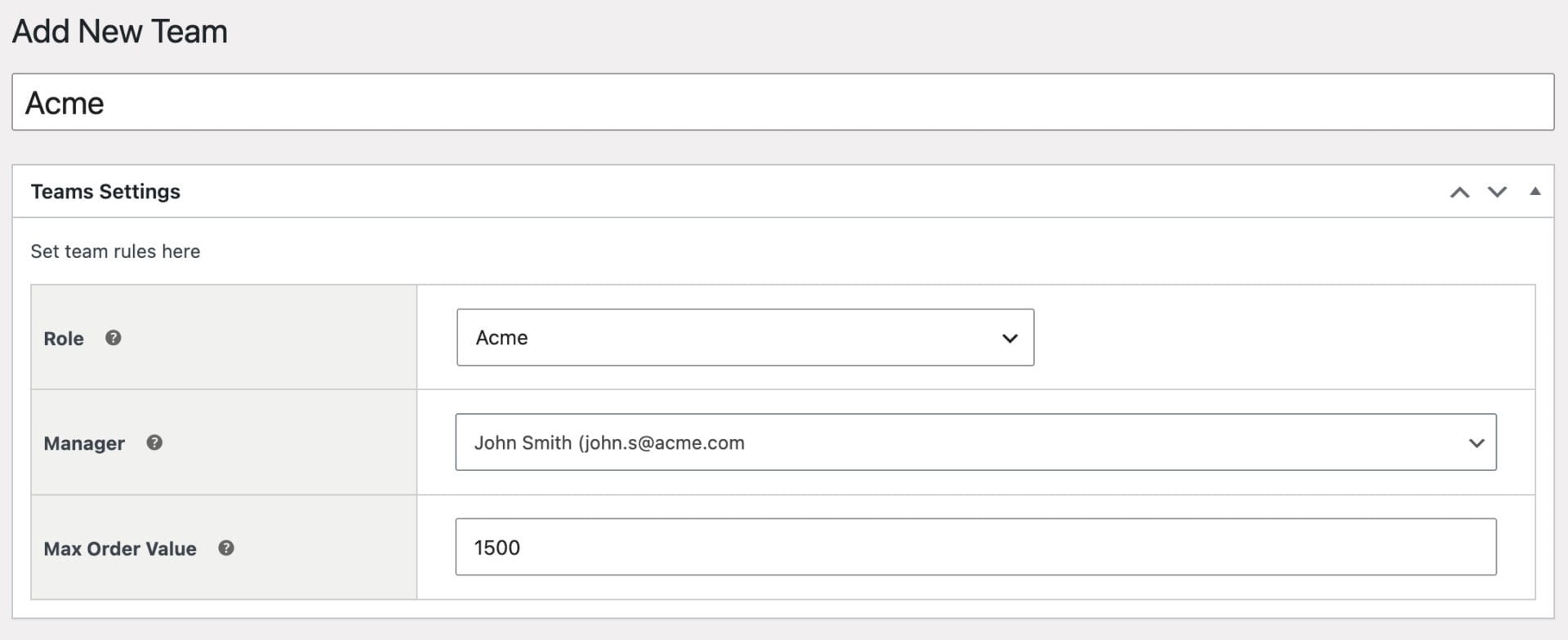 Team settings for ordering portal