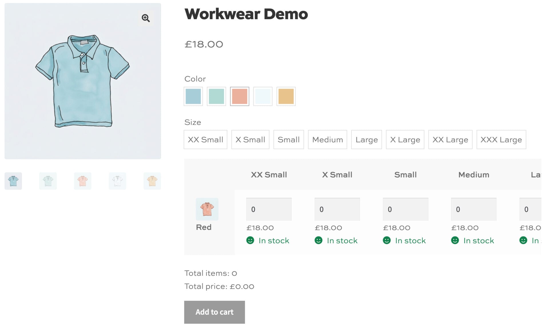Workwear product with filterable attributes rendered as swatches