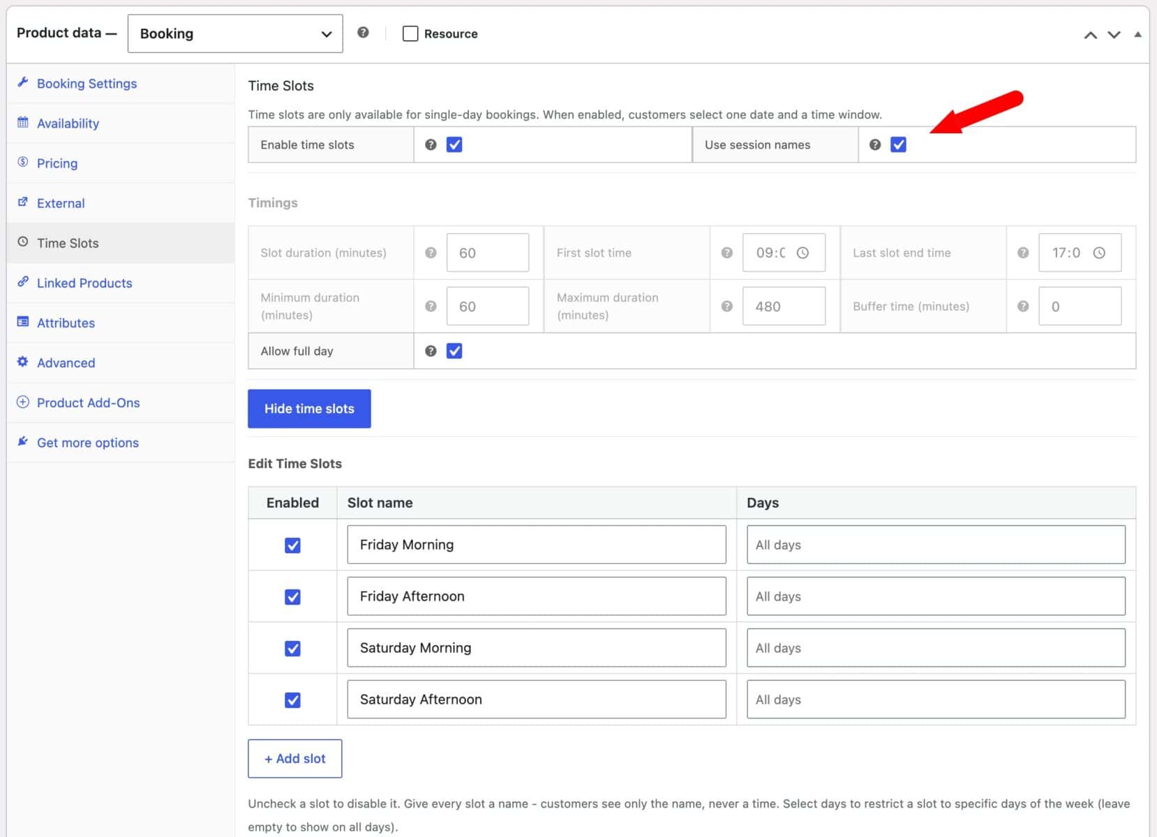 'Enable session names' setting in Bookings for WooCommerce