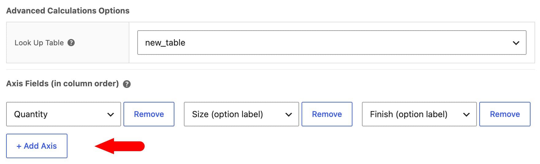 Axis fields for lookup table with more than two axes