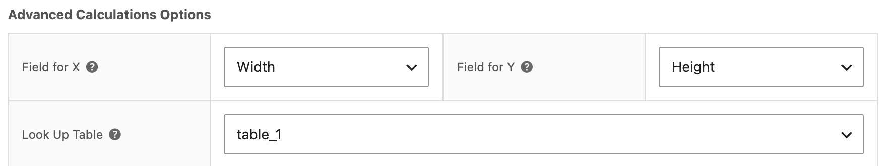 Field settings for Advanced Calculations lookup table