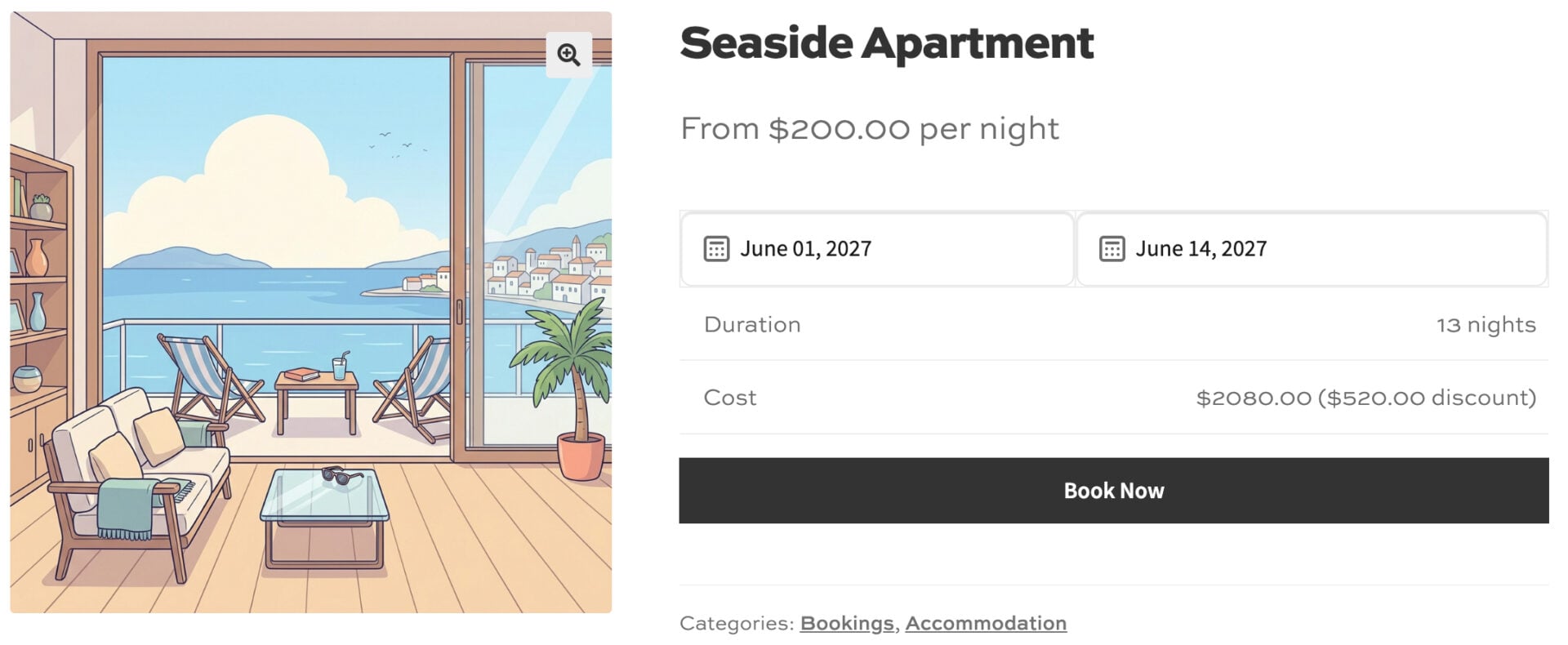 Product page showing accommodation booking in WooCommerce