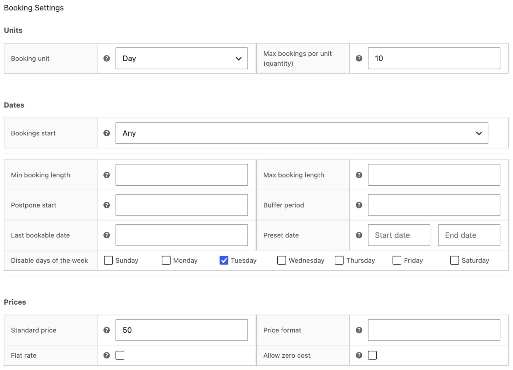 Settings for bookable product in WooCommerce