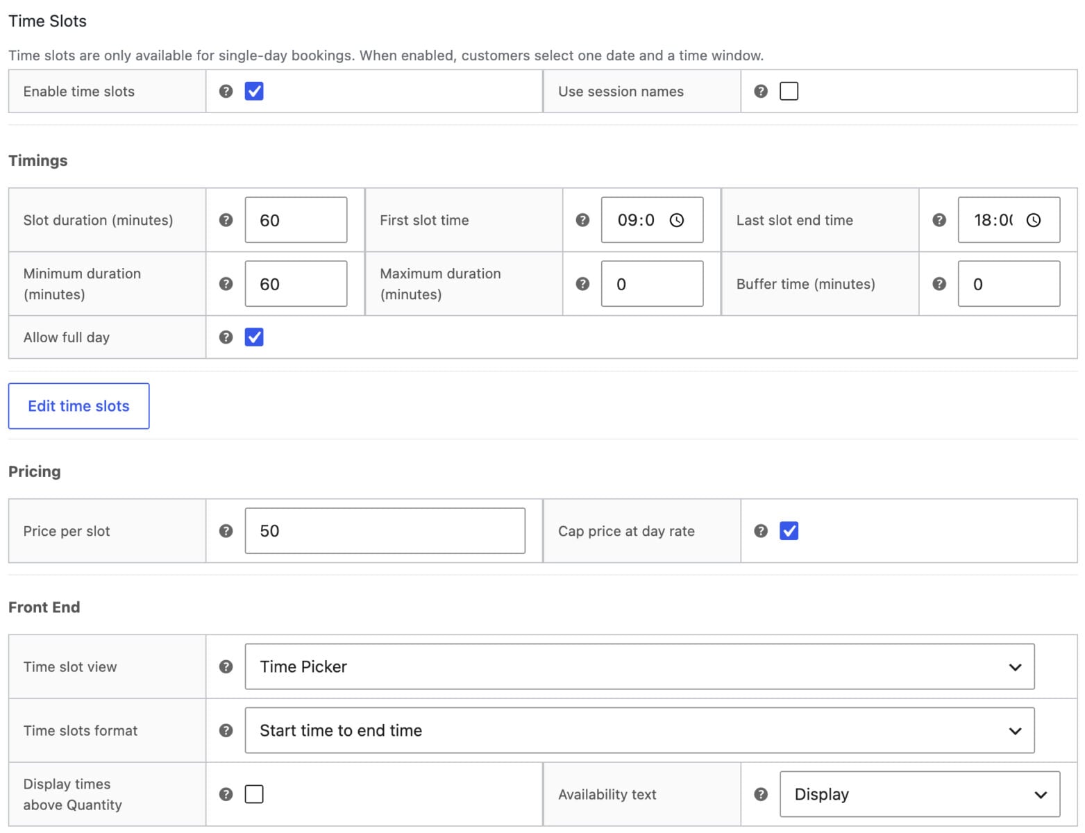 Settings for bookable appointments product in WooCommerce