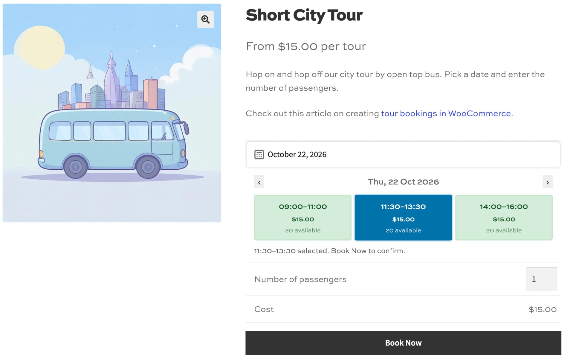 WooCommerce product page for city tour where user can book date, time and number of passengers
