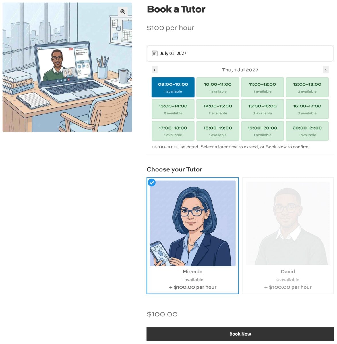 Product page for booking a tutor appointment in WooCommerce
