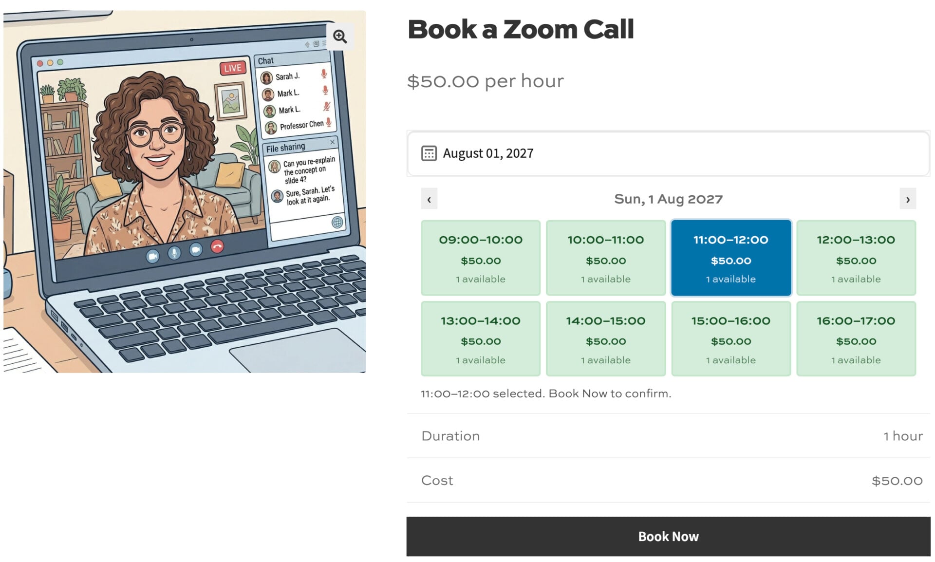 WooCommerce product page where customer can book an online Zoom call