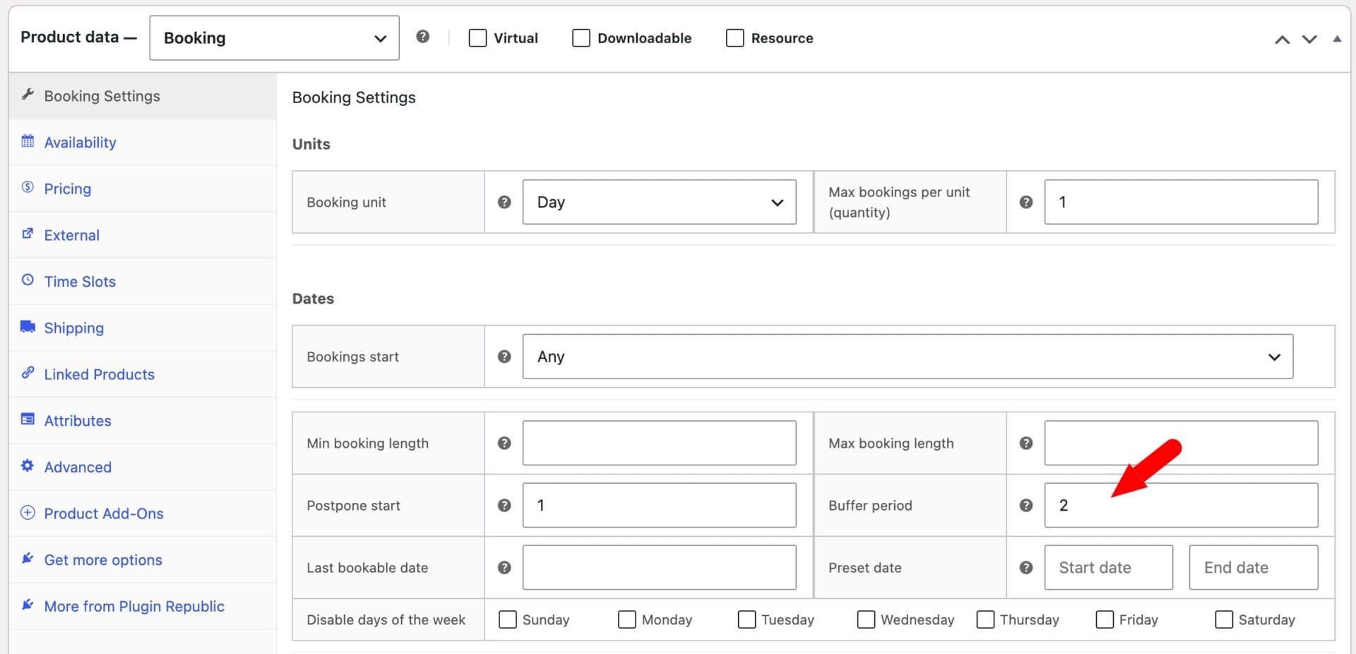 Bookings for WooCommerce 'Buffer period' setting