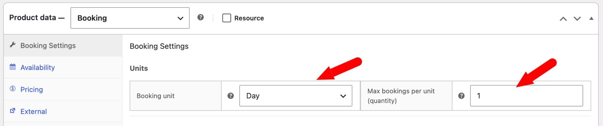 Booking unit and capacity settings