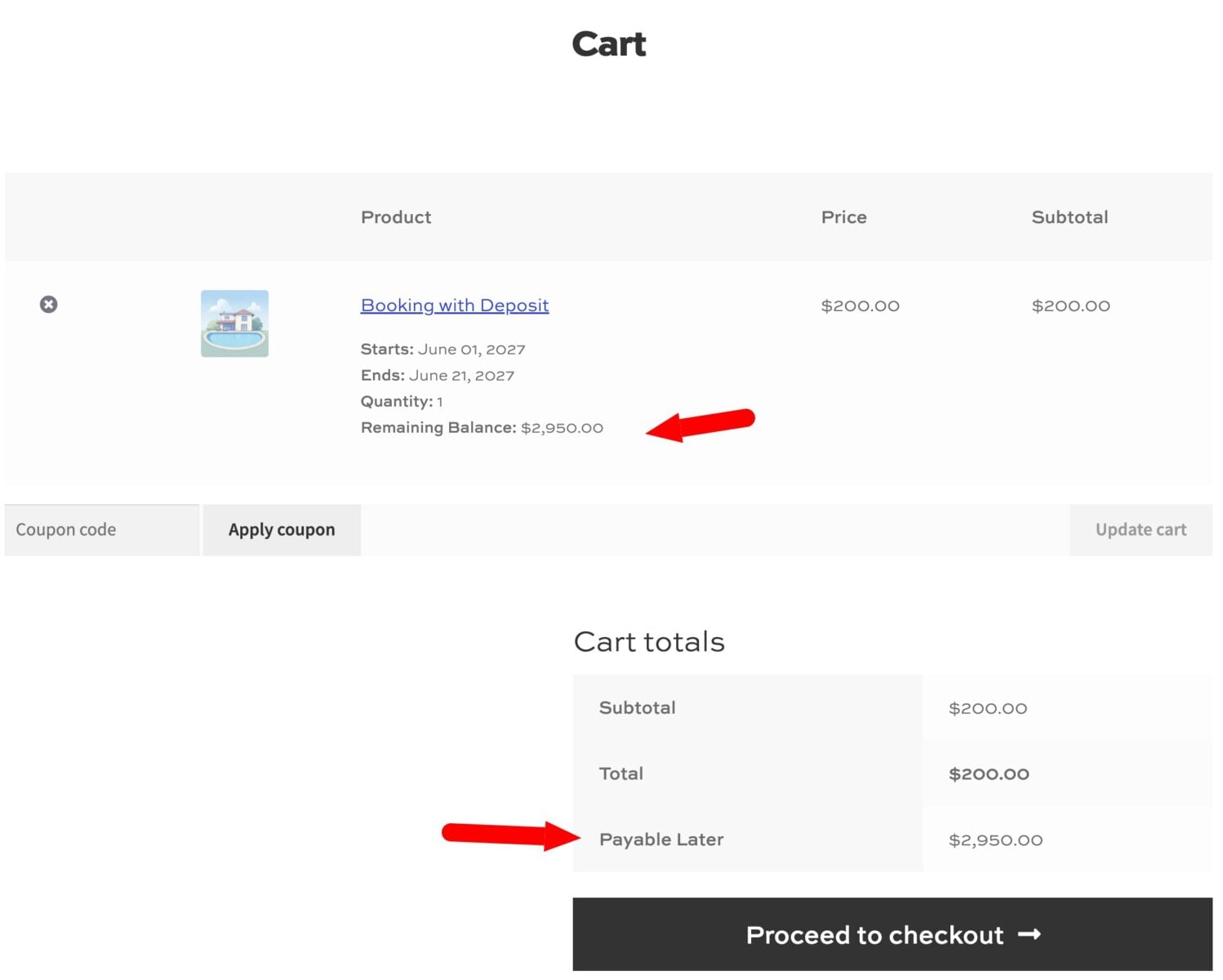 WooCommerce cart page showing booking and deposit amount