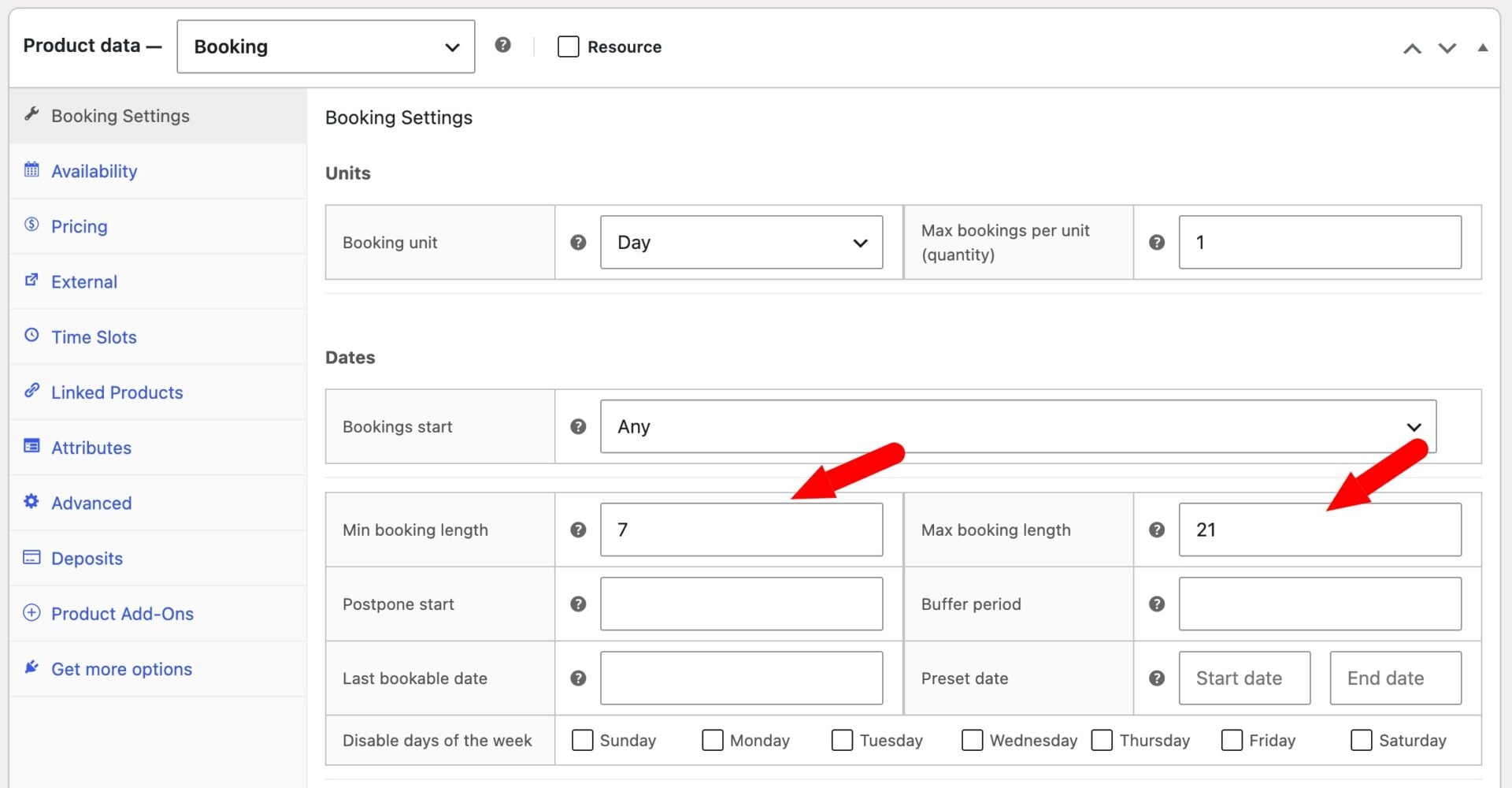Booking minimum and maximum duration settings