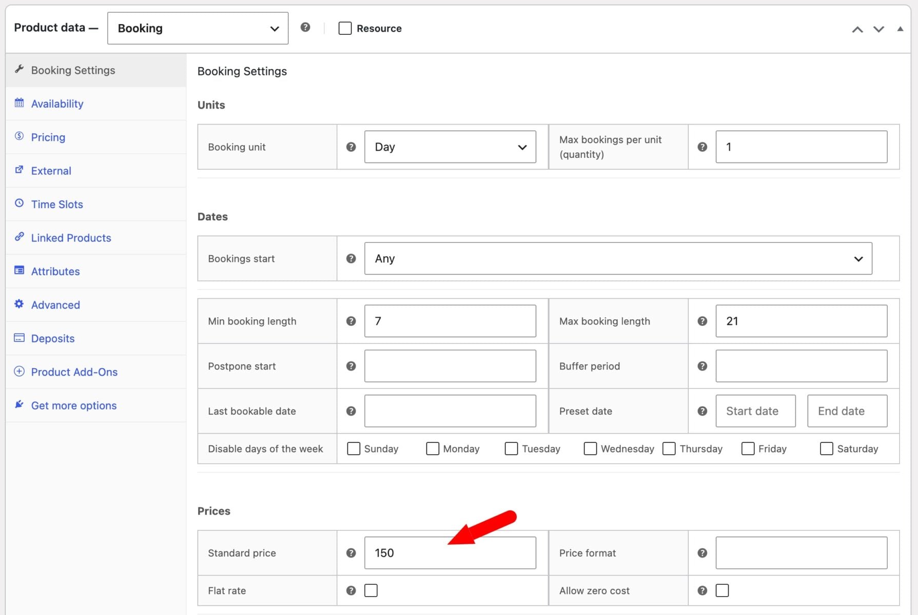 Price setting for bookable product