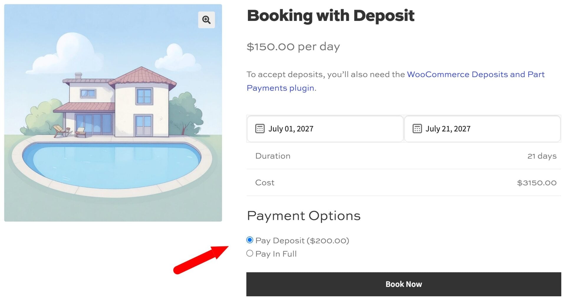 WooCommerce bookings deposit example product page