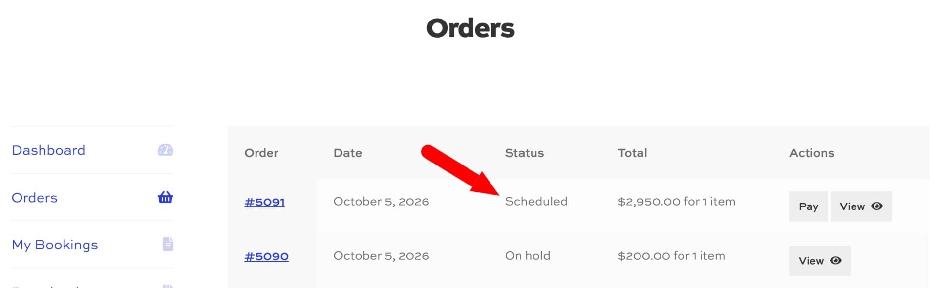 WooCommerce account page showing scheduled order for final payment