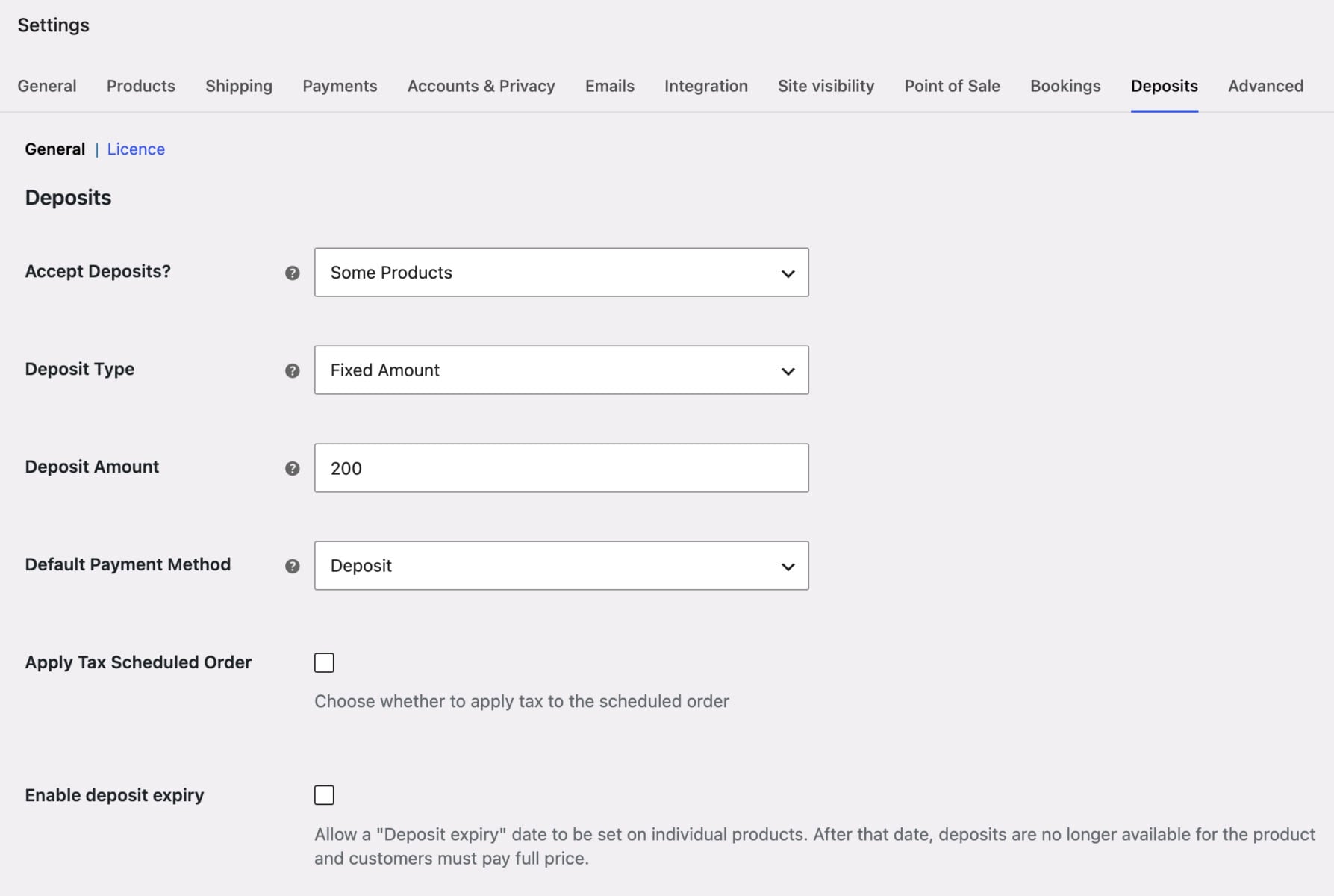 Settings page for WooCommerce Deposits and Part Payments plugin