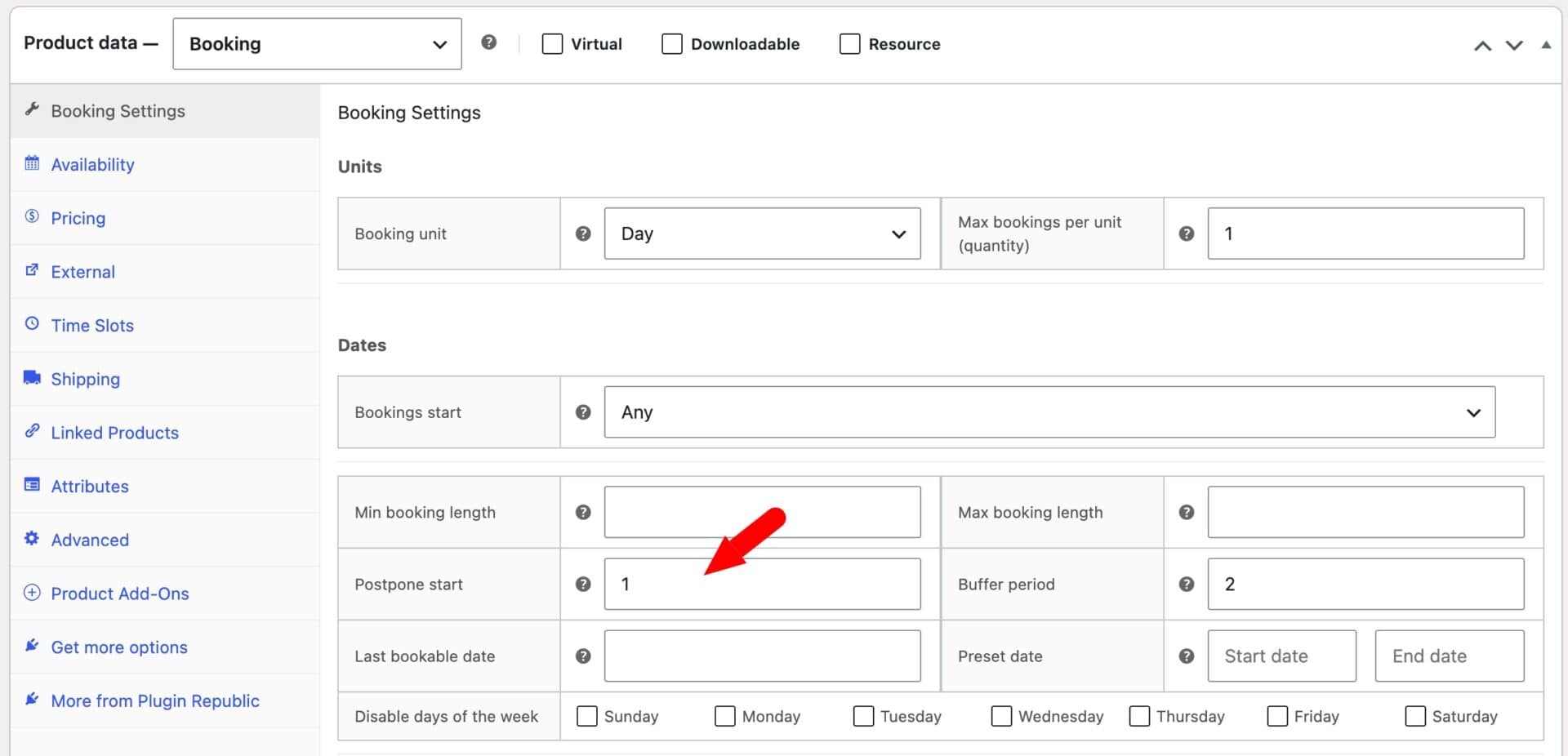 Bookings for WooCommerce 'Postpone start' setting