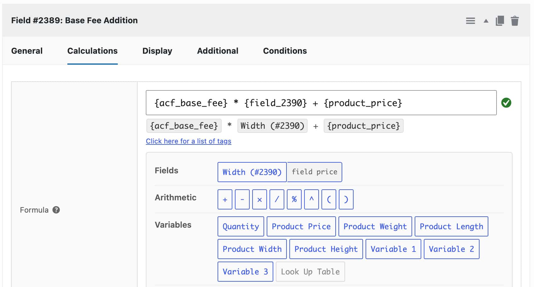 Example WooCommerce calculation formula using ACF field