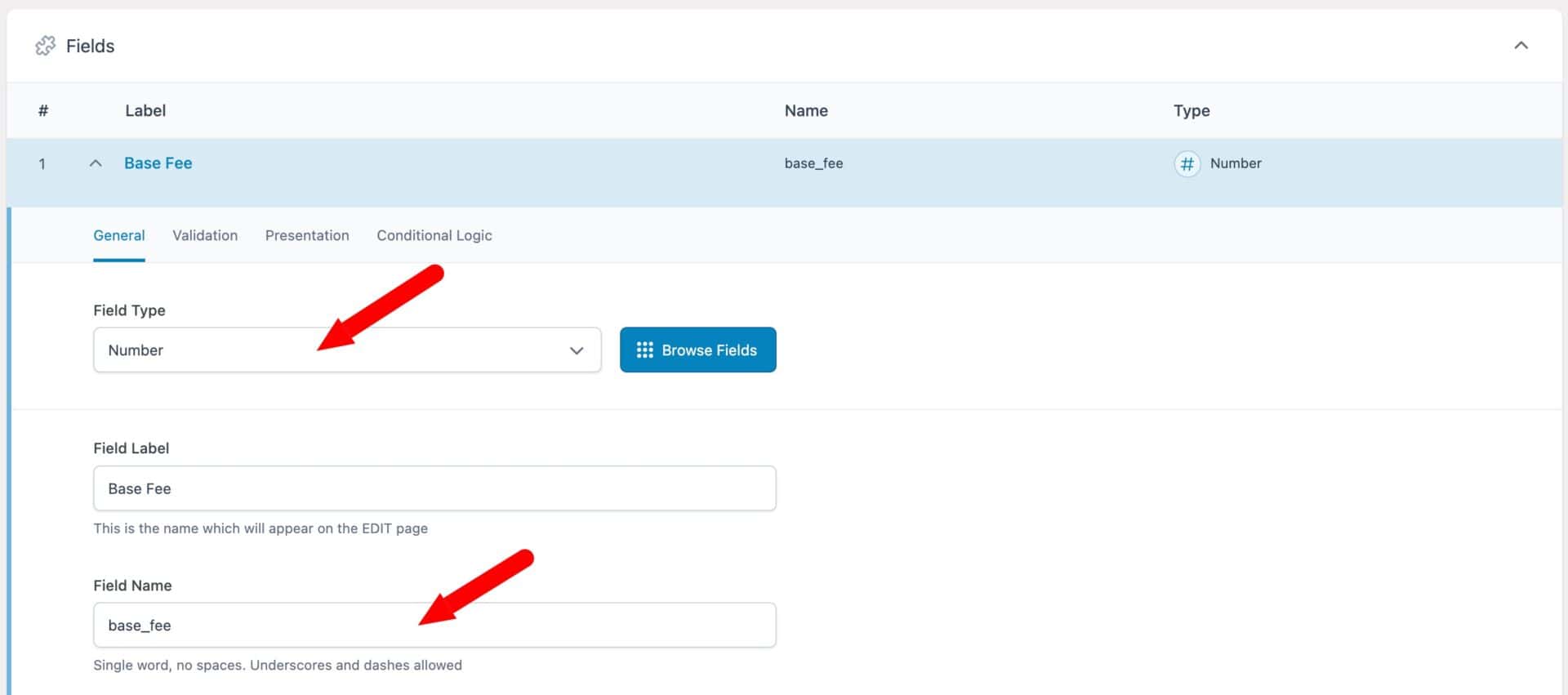 Advanced Custom Field settings for number field