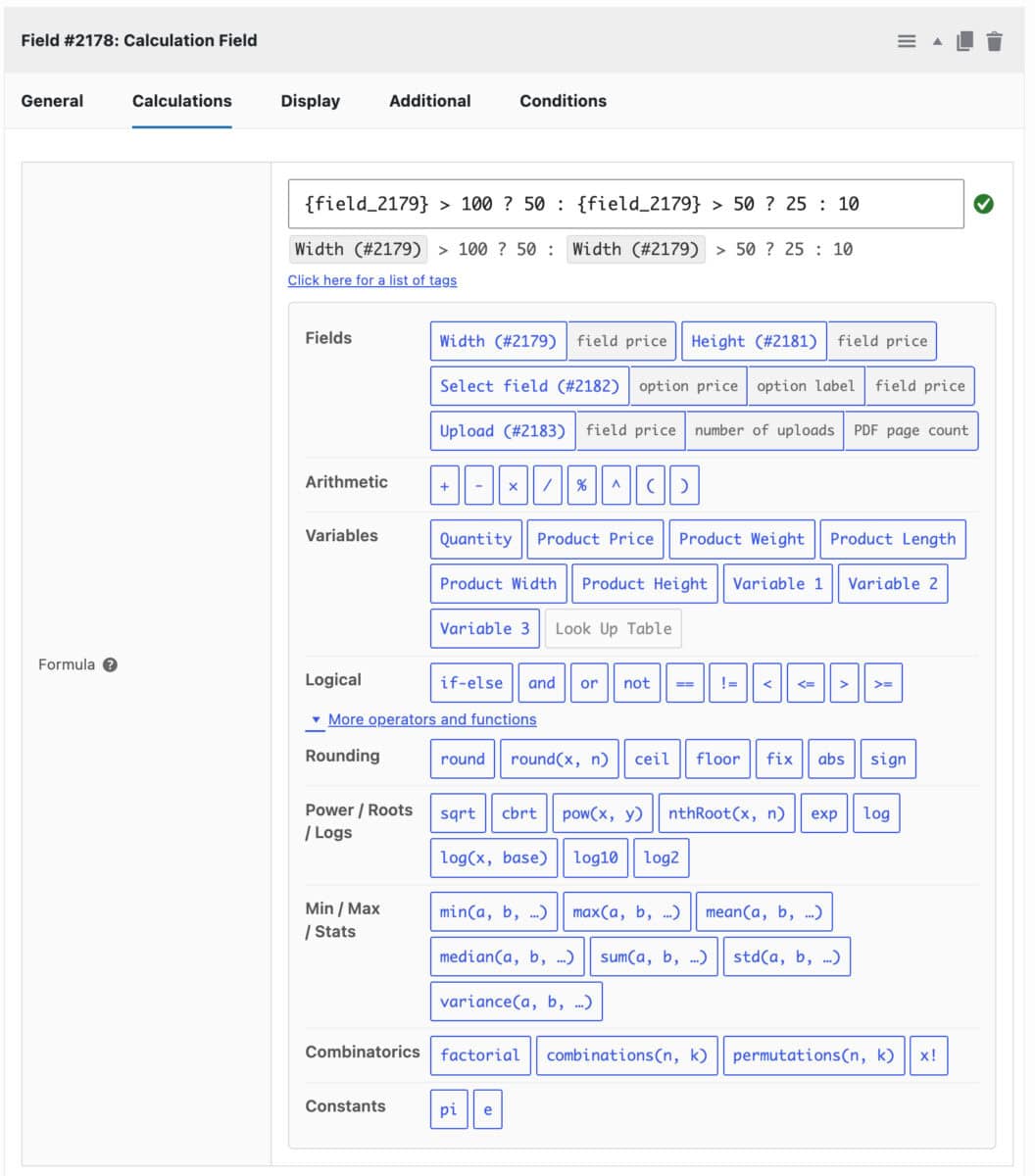 WooCommerce calculation field formula panel
