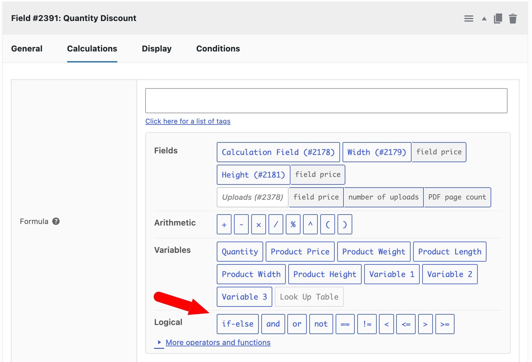 The if-then button in the WooCommerce formula builder